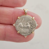 Ancient Roman Republic Silver Denarius Coin Pegasus Bacchus on back Gold and Diamond Pendant Video