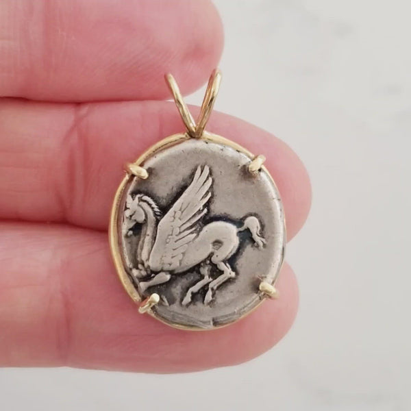 Ancient Greek Silver Stater Coin of Pegasus and Athena Gold Pendant Video