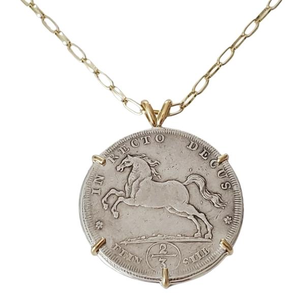 1701 German States silver coin of leaping horse set in 18kt recycled gold and sterling silver.