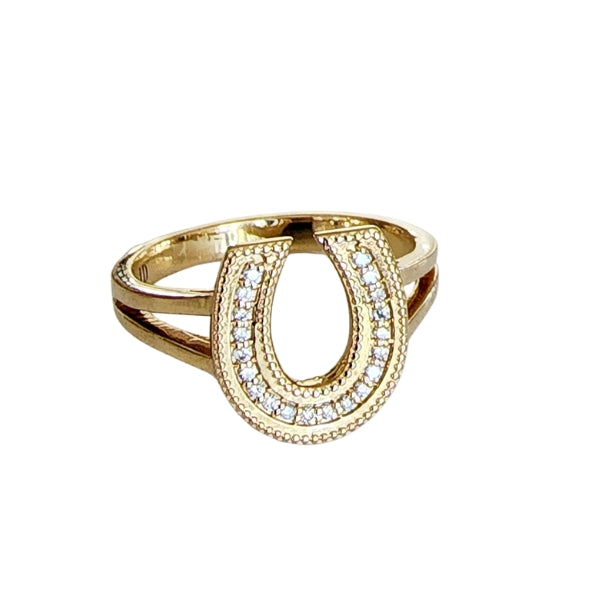 Diamond studding horseshoe ring with milgrain detail.  Substantial split shank ring.